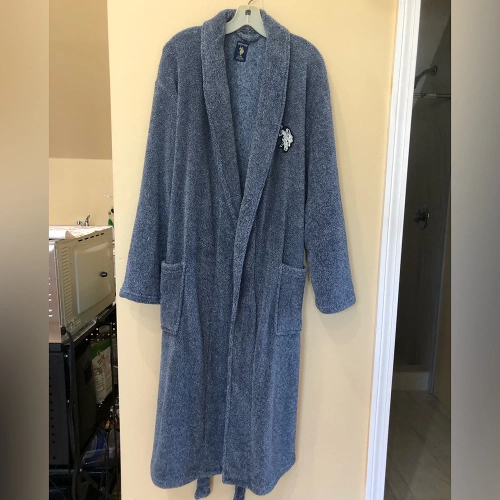 U.S. Polo Assn. Men's Blue Terry Shawl-Collar Robe with Embroidered Chest Large